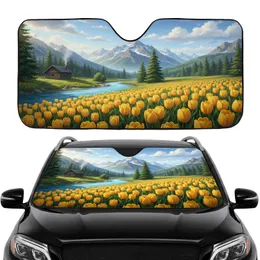 Bright Yellow Tulips Snow-Capped Mountain River Cabin - Road Trip Gift Car Sunshade