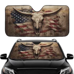 Longhorn Bull Skull American Flag Rustic Wood - Patriotic Car Interior Upgrade Car Sunshade