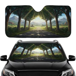 Golden Light Asphalt Road Verdant Forest Mountain Landscape - Road Trip Gift Car Sunshade