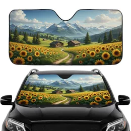 Winding Path Sunflower Fields Rustic Cabins Alpine Mountains - Road Trip Gift Car Sunshade