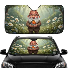 Aged Garden Gnome Cradling Robin Daisy Flowers Forest Floor - Road Trip Essentials Car Sunshade