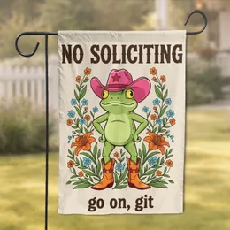 No Soliciting Go On Git Frog Cowboy Burlap Lily Blossom Floral - Home Entryway Decor Gift Garden Flag