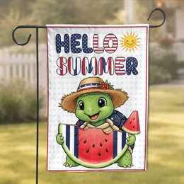 Baby Turtle Watermelon 'HELLO SUMMER' Smiling Sun Tropical Leaves - Summer Home Decor Garden Flag
