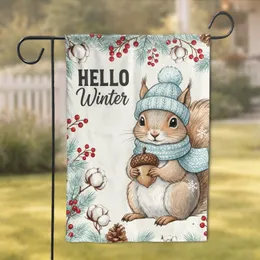 Squirrel Hat Scarf Acorn HELLO Winter Berries Pinecones - Winter Season Home Decor Garden Flag