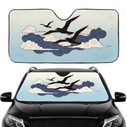 Black Bird Silhouettes Japanese Seigaiha Waves - Car Interior Upgrade for Bird Lover Car Sunshade