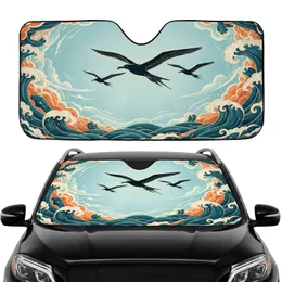 Black Silhouette Frigatebirds Ocean Waves Celestial Clouds - Wildlife Lover Road Trip Gift Car Sunshade