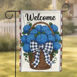 Blue Hydrangea Wicker Basket Welcome Script Buffalo Plaid Home Decor Gift Garden Flag