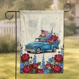 Vintage Blue Pickup Truck Patriotic Flowers American Flag - Independence Day Home Decor Gift Garden Flag