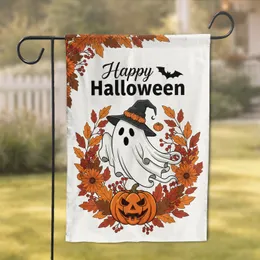 Happy Halloween Ghost Witch Hat Pumpkins Carved Jack-o'-lantern Autumn Holiday Garden Flag