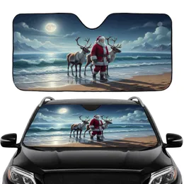 Santa Claus Reindeer Moonlit Arctic Beach - Christmas Car Interior Upgrade Car Sunshade
