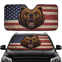 Roaring Grizzly Bear Head Distressed American Flag - Auto Interior Upgrade Car Sunshade