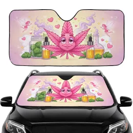 Smiling Pink Cannabis Leaf Character, Buds, Oil, Flasks, Hearts - Road Trip Car Accessory Car Sunshade