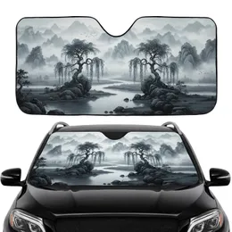 Ancient Willow Trees Craggy Rocks Majestic Mountains Serene River Fog - Car Interior Upgrade Car Sunshade