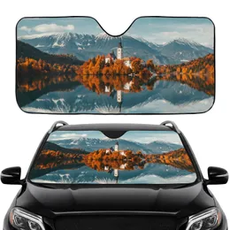 Ancient White Church Alpine Lake Autumn Foliage Mountains - Road Trip Gift Car Sunshade