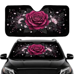Deep Magenta Fuchsia Rose Black Leaves Floral Starbursts - Car Interior Travel Upgrade Car Sunshade