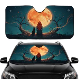 Red Hair Woman Black Cat Full Moon Autumn Vines - Car Interior Upgrade for Cat Lover Car Sunshade