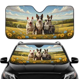 Four Bull Terriers Countryside Adventure – Road Trip Gift for Dog Lover Car Sunshade