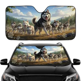 Diverse Siberian Huskies Mountain Forest Journey - Road Trip Gift for Husky Owners Car Sunshade
