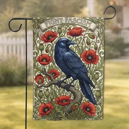 Indigo Crow Red Poppies Green Foliage Fight Fascism - Activist Statement Home Decor Garden Flag