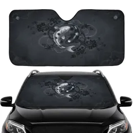 Dark Charcoal Gnarled Cherry Blossom Black Flowers Yin Yang Koi Fish - Road Trip Essentials Car Sunshade