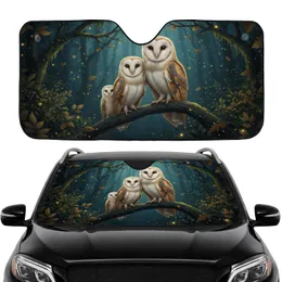 Barn Owl Family Gnarled Branch Firefly Autumn Leaves Forest Night - Road Trip Gift Car Sunshade