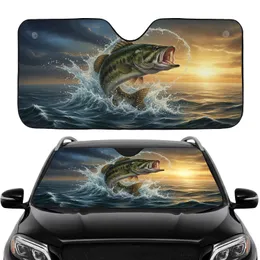 Aggressive Leaping Bass Pike Fish Water Splash Sunset Sky - Car Interior Upgrade Car Sunshade