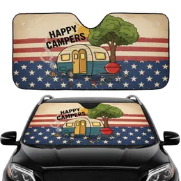 Happy Campers Travel Trailer American Flag - Road Trip Accessory Car Sunshade