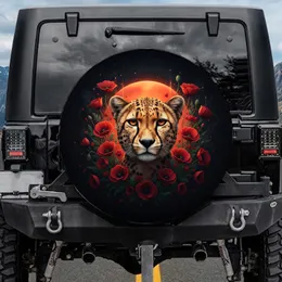 Spotted Cheetah Amber Eye Red Poppies Green Foliage Glowing Charcoal - Wildlife Lover Gift Spare Tire Cover