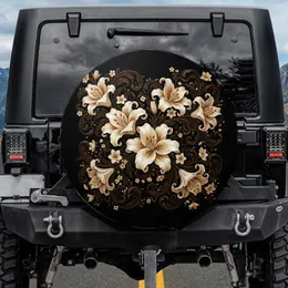 Prominent Large Lily Blossoms Accent Flowers Leaves Swirling Foliage - Home Decor Gift Spare Tire Cover
