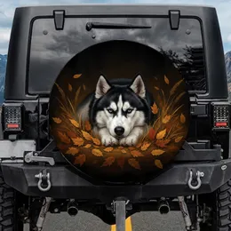 Majestic Siberian Husky Black White Fur Blue Eyes Golden Orange Autumn Leaves - Nature Lover Gift Spare Tire Cover