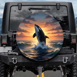 Orca Killer Whale Breaching Foamy Ocean Waves Sunset Sky - Wildlife Lover Gift Spare Tire Cover