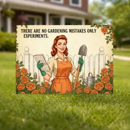 Smiling 1950s Gardener Woman Shovel Roses - Motivational Garden Decor Gift Yard Sign