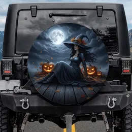 Dark-haired Witch Jack-o'-Lanterns Autumn Moon - Gothic Fantasy Home Decor Gift Spare Tire Cover