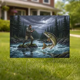 Determined Angler Catching Giant Pike - High-Stakes River Fishing Gift Yard Sign