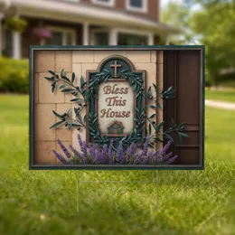 Aged Bronze 'Bless This House' Plaque Cross Olive Branches - Housewarming Gift Yard Sign