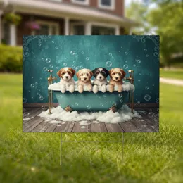 Four Fluffy Mixed-Breed Puppies Vintage Clawfoot Bathtub Bubbles - Nostalgic Pet Lover Gift Yard Sign