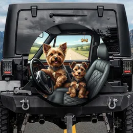 Yorkie Dogs Driving Car & Puppy Passenger - Dog Lover Vehicle Decor Gift Spare Tire Cover