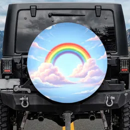 Large Arching Rainbow Luminous Fluffy Clouds Clear Sky - Travel Essentials Gift Spare Tire Cover