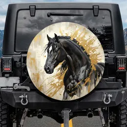 Black Horse White Blaze Beige Cream Gold Leaf - Horse Lover Vehicle Decor Gift Spare Tire Cover