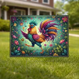 Rooster Blooming Garden Floral Outdoor Decor Gift for Garden Lover Yard Sign