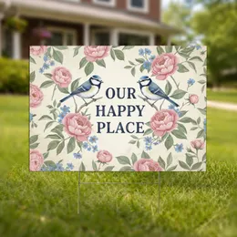 Blue Birds Peony Rose Floral 'Our Happy Place' - Nature Lover Home Decor Gift Yard Sign