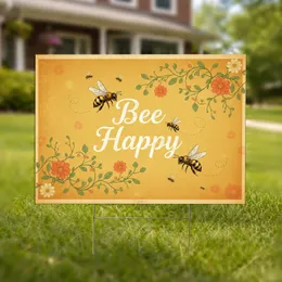 Honeybee Bee Happy Text Floral Honeycomb - Home Garden Decor Gift Yard Sign