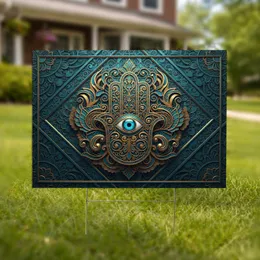 Hamsa Hand Evil Eye Golden Filigree Peacock Feather Arabesque - Home Decor Gift Yard Sign