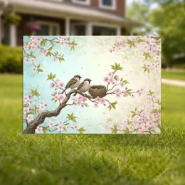 Small Songbirds Cherry Blossoms Bird Nest - Spring Nature Decor Gift for Bird Lovers Yard Sign
