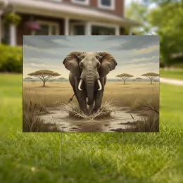 African Elephant Muddy Water Splashes Savanna Acacia Trees Overcast Sky - Wildlife Lover Gift Yard Sign