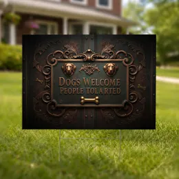 Aged Bronze Dogs Welcome People Tolerated Plaque - Canine Lover Home Decor Gift Yard Sign