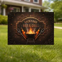 Backyard Bar & Grill Plaque Glowing Grill - Outdoor Home Decor Gift Yard Sign