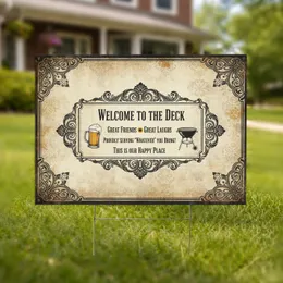 Welcome To The Deck Happy Place Beer Mug Grill Sunflower Scrollwork - Outdoor Entertaining Gift Yard Sign