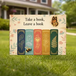 Book Spines Monarch Butterfly Bumblebee 'Take a Book Leave a Book' Reading Garden Decor Yard Sign
