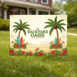 Backyard Oasis Palm Trees Surfboards Tropical Flowers - Tropical Vacation Outdoor Decor Yard Sign
